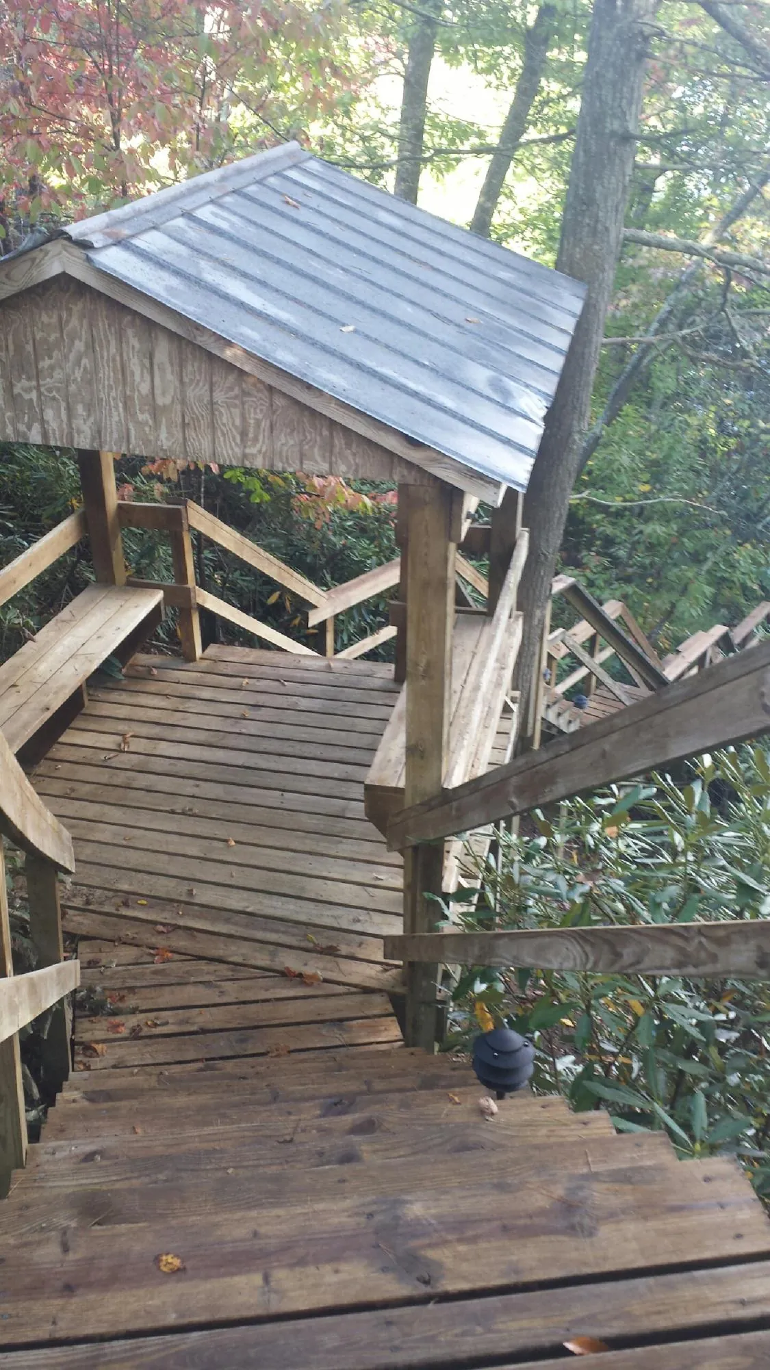 Metal roofed shelter over wooden steps on a wooded walkway — Skylight Repair & Installation work by our crew in Dighton